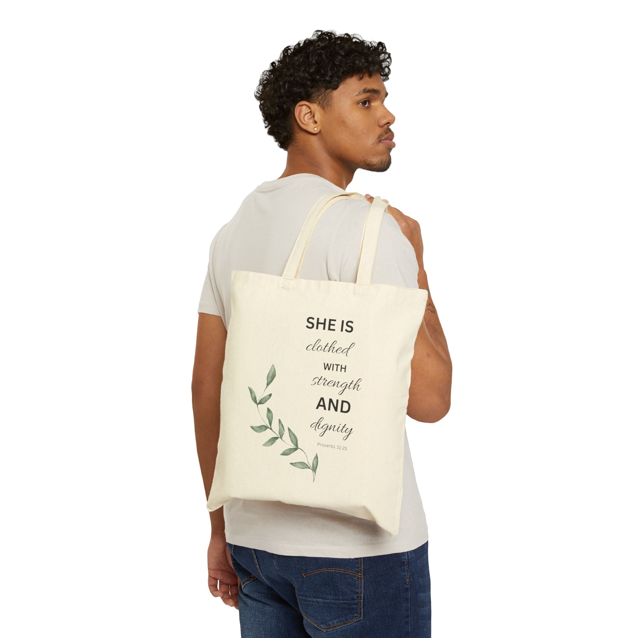Tote Bag — "She Is Clothed With Strength and Dignity" Inspirational Canvas Tote