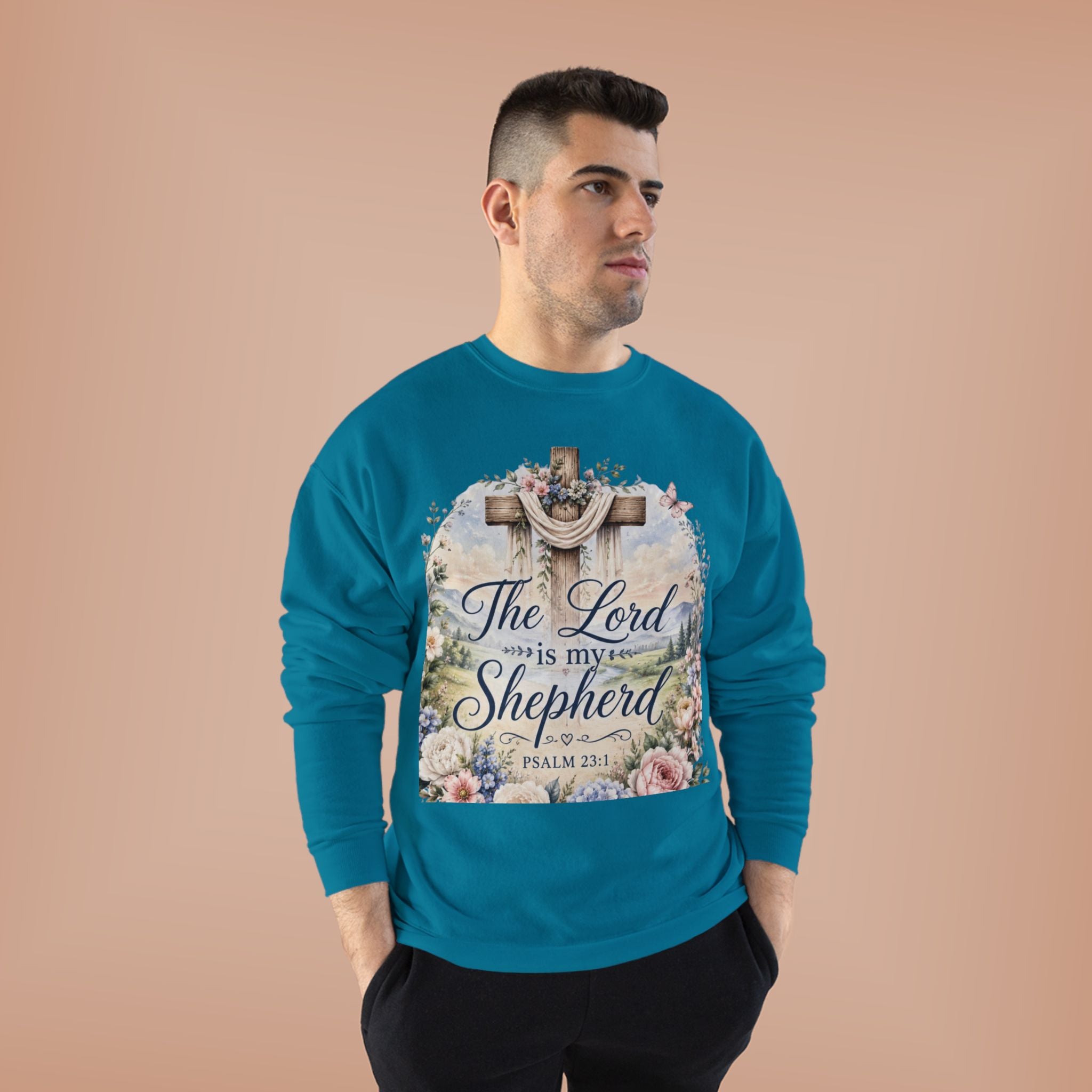 Christian Crewneck Sweatshirt — "The Lord is My Shepherd" Floral Cross Psalm 23:1