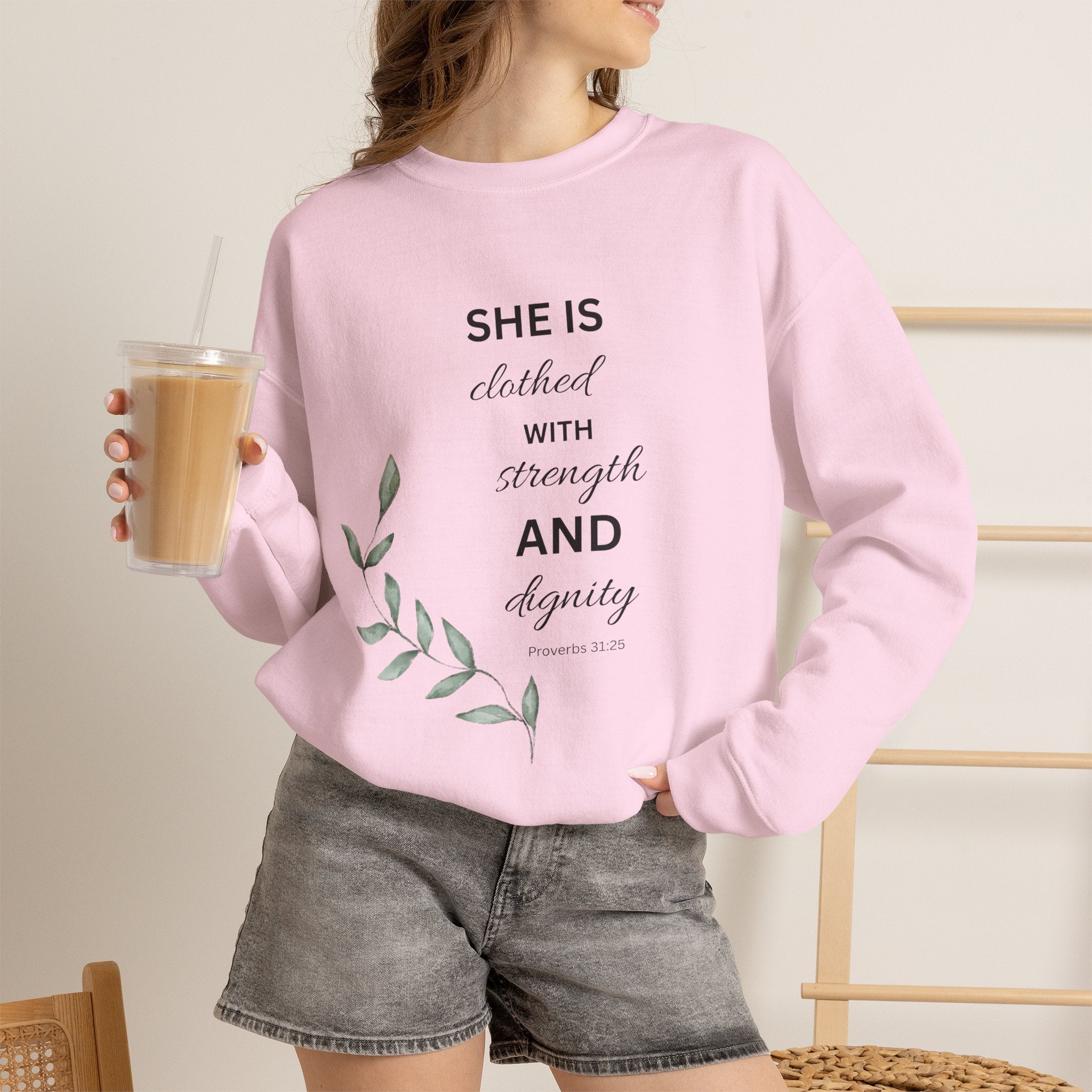 “She is Clothed with Strength and Dignity” Crewneck Sweatshirt | Proverbs 31:25 Christian Sweatshirt