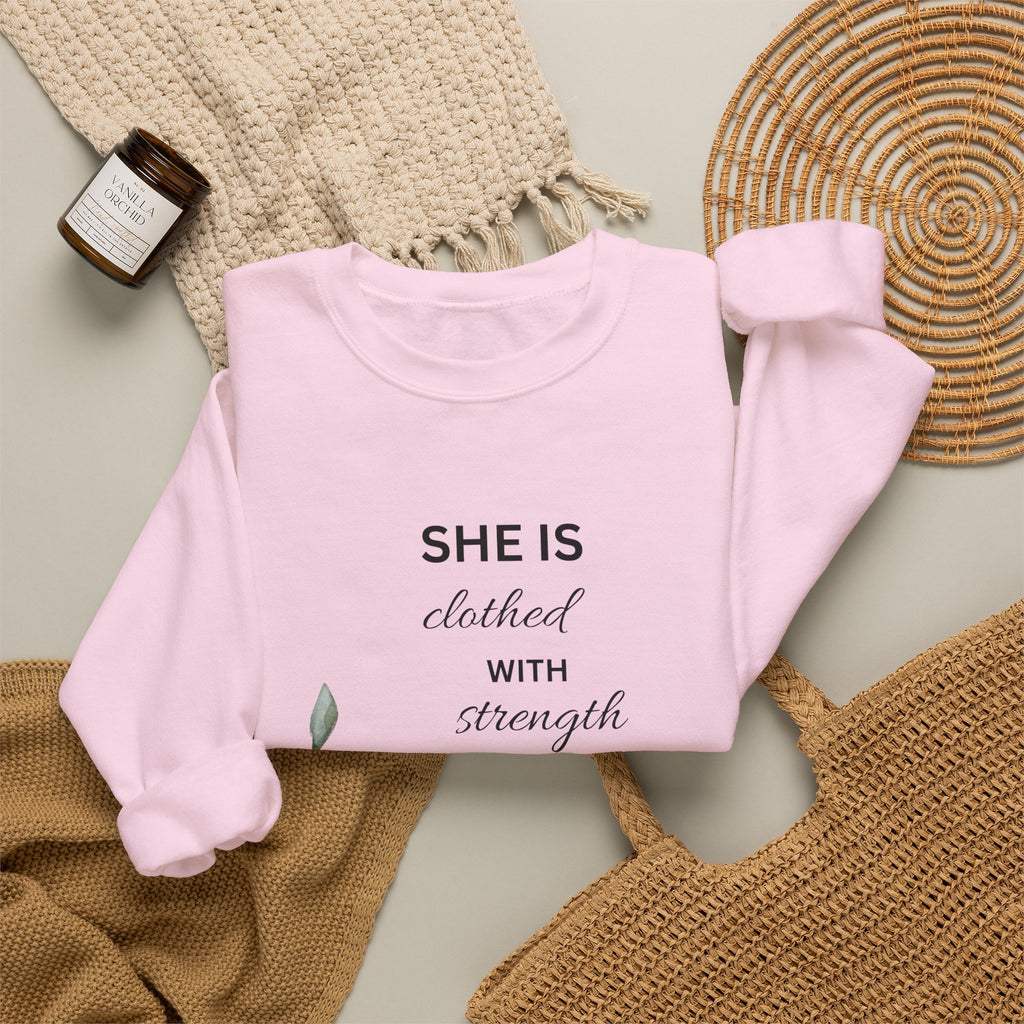 “She is Clothed with Strength and Dignity” Crewneck Sweatshirt | Proverbs 31:25 Christian Sweatshirt