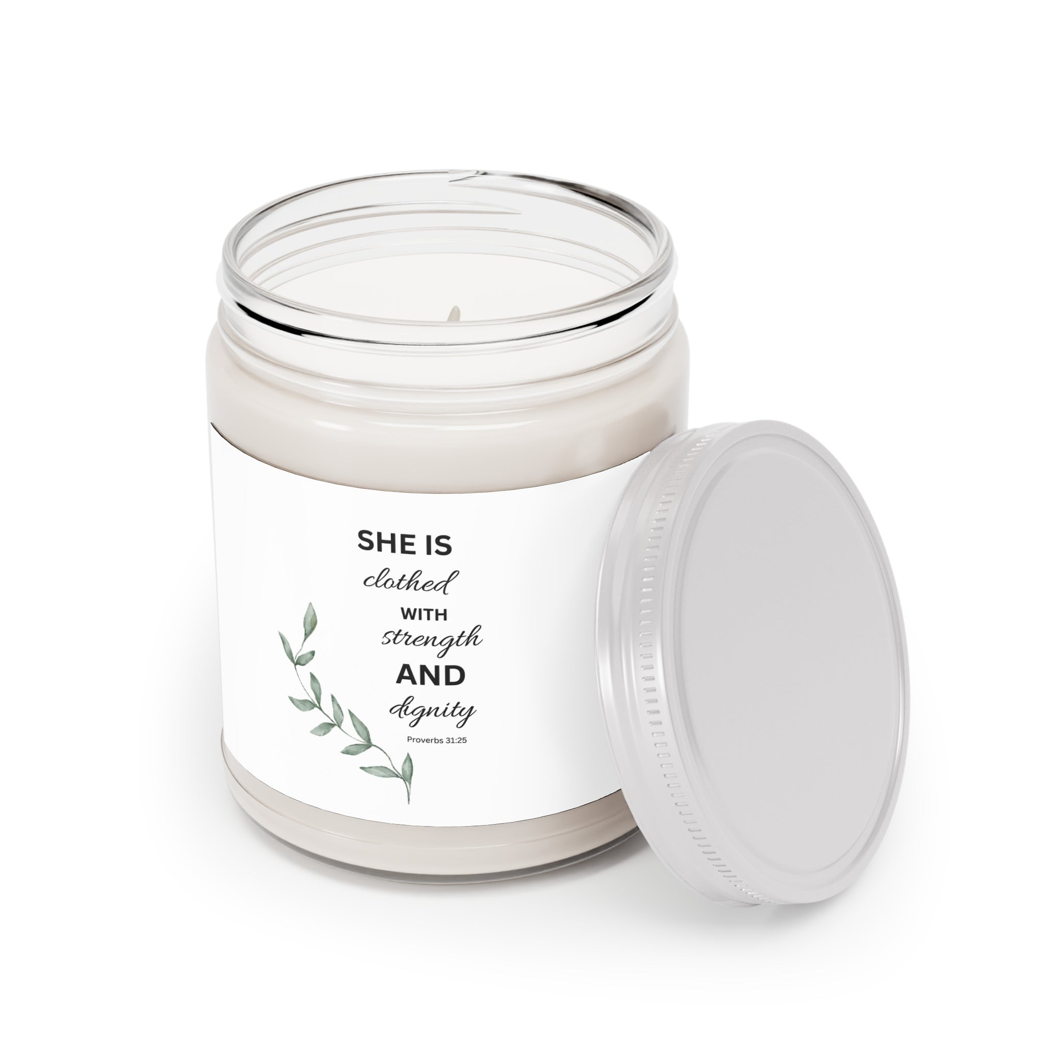Inspirational Soy Candle 9oz — "She Is Clothed with Strength and Dignity"