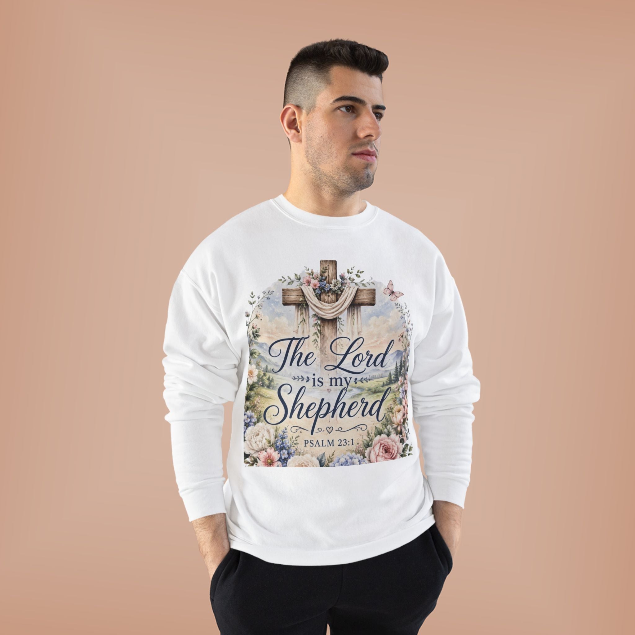 Christian Crewneck Sweatshirt — "The Lord is My Shepherd" Floral Cross Psalm 23:1