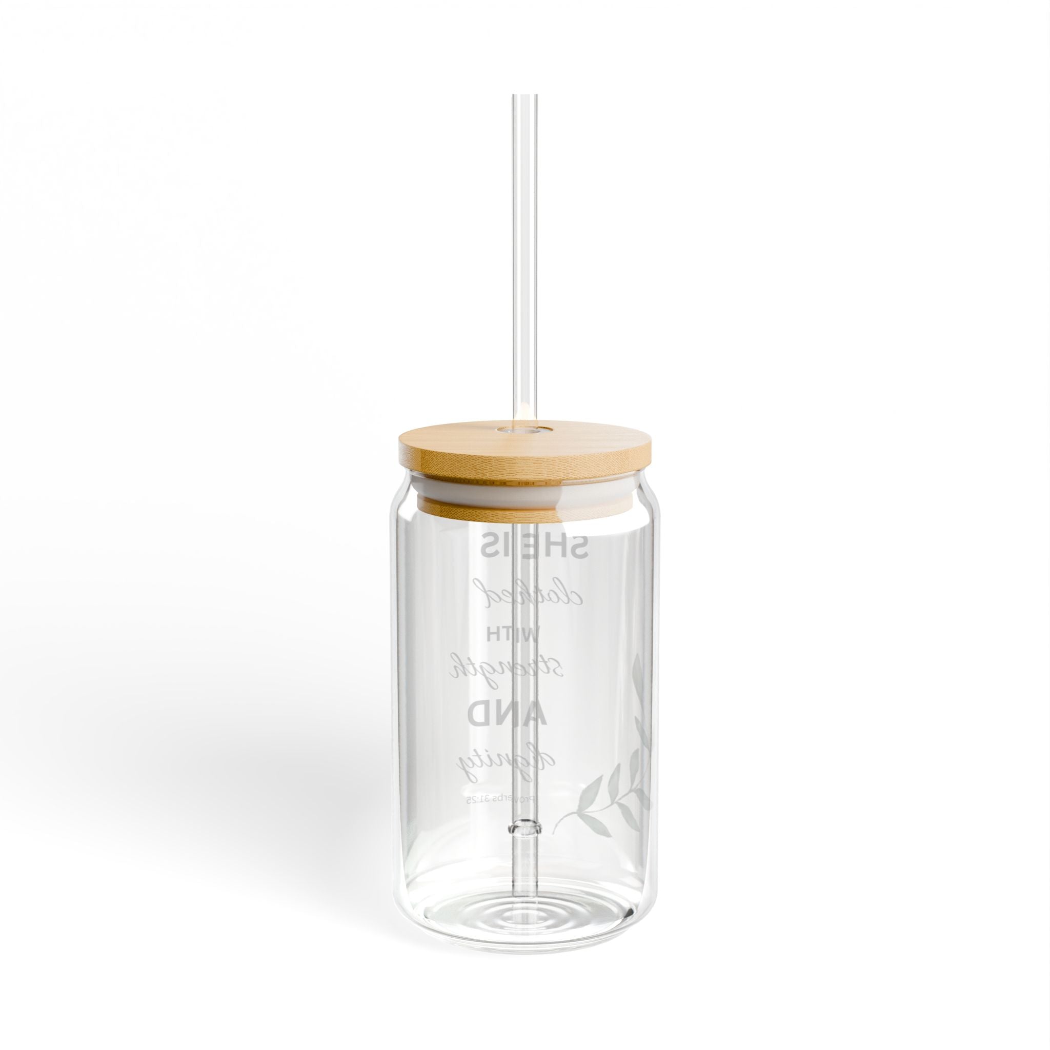 Inspirational Glass Tumbler with Straw – “She is Clothed with Strength and Dignity” (16oz)