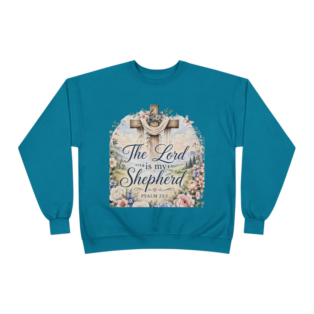 Christian Crewneck Sweatshirt — "The Lord is My Shepherd" Floral Cross Psalm 23:1