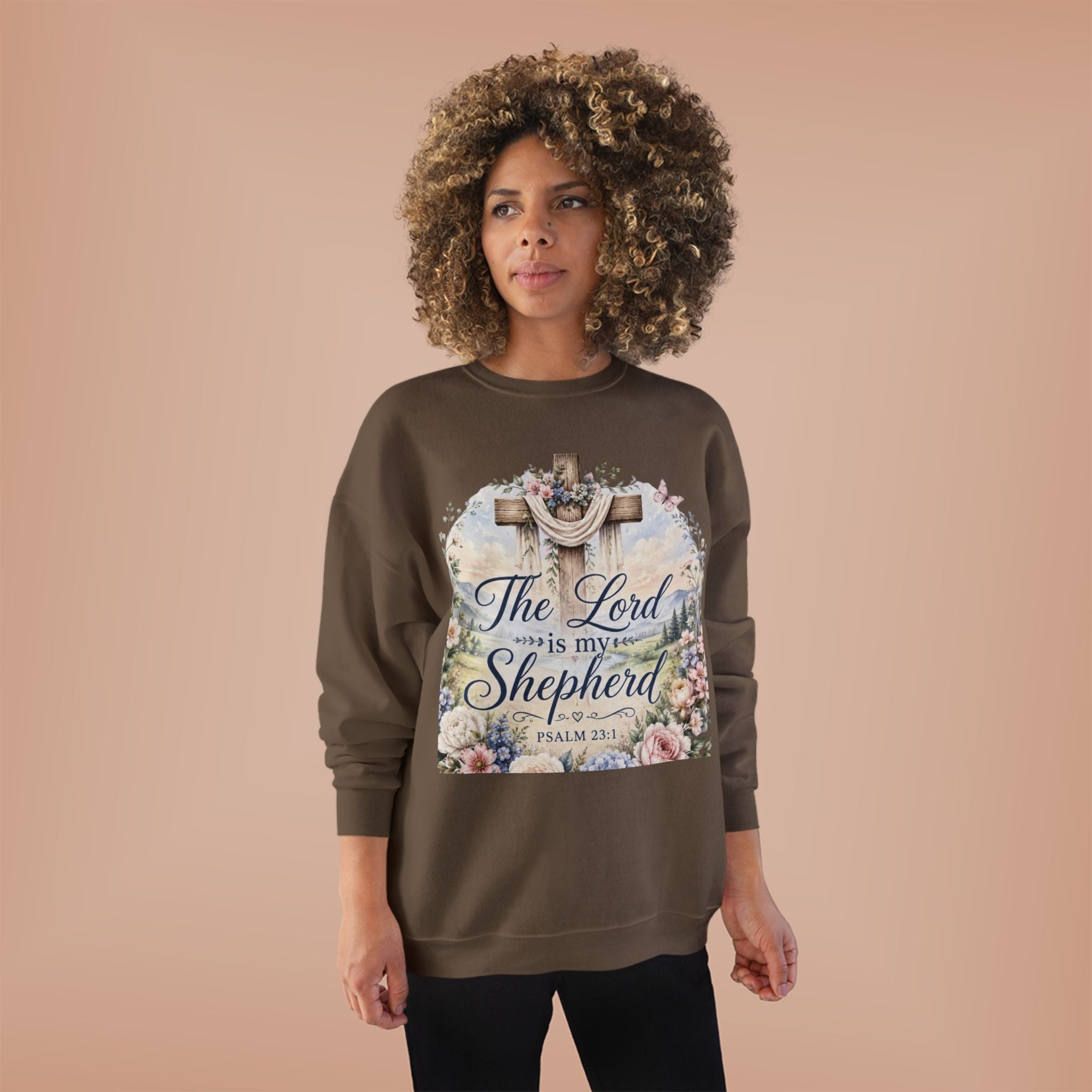 Christian Crewneck Sweatshirt — "The Lord is My Shepherd" Floral Cross Psalm 23:1
