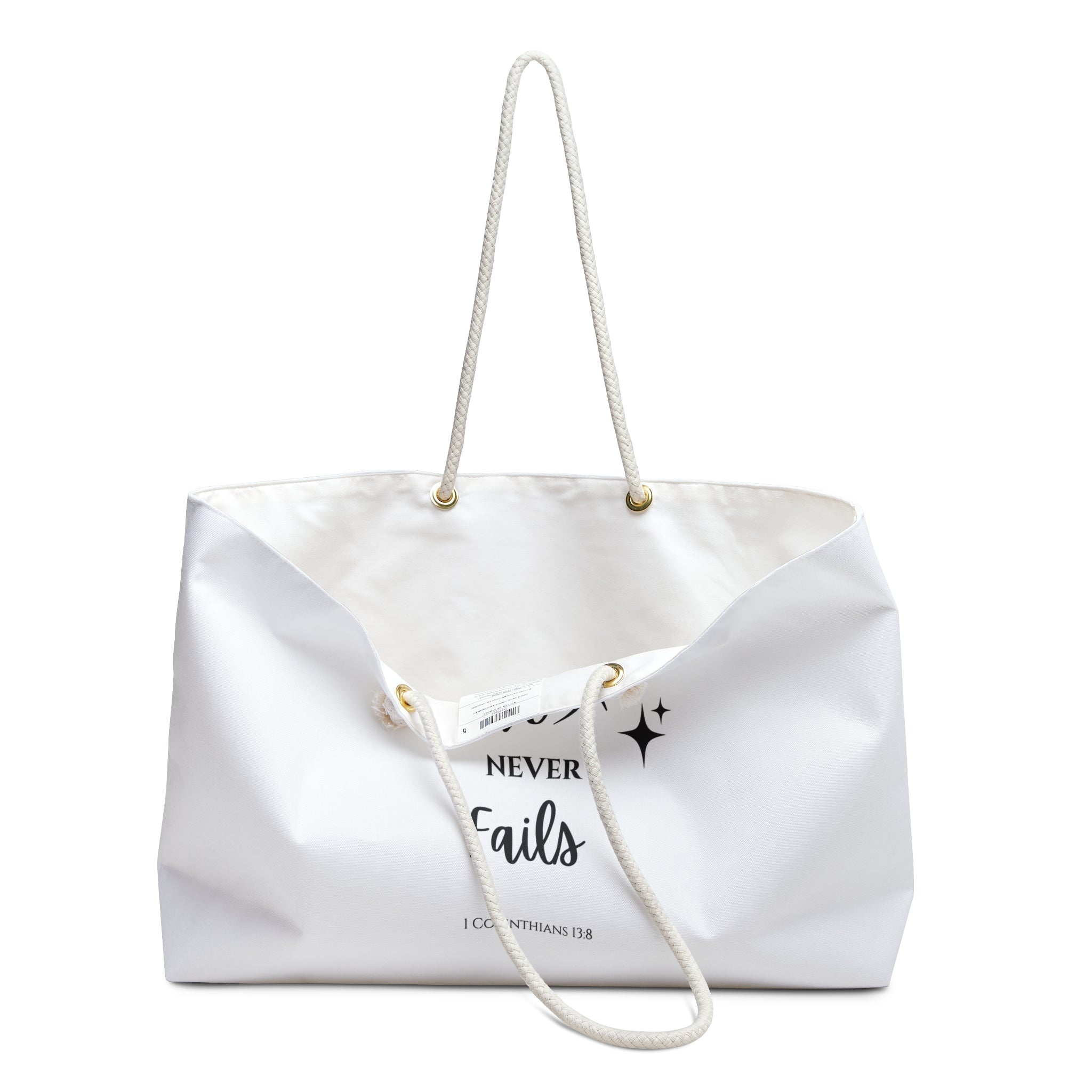 Faith Weekender Bag — "Love Never Fails" / "Jesus Loves Me" Christian Travel Tote
