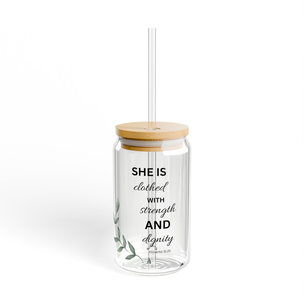 Inspirational Glass Tumbler with Straw – “She is Clothed with Strength and Dignity” (16oz)