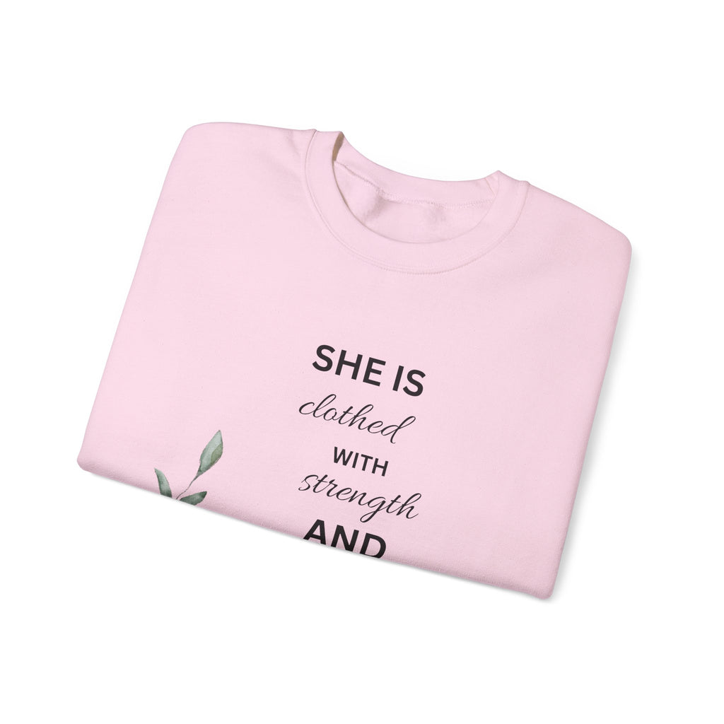 “She is Clothed with Strength and Dignity” Crewneck Sweatshirt | Proverbs 31:25 Christian Sweatshirt
