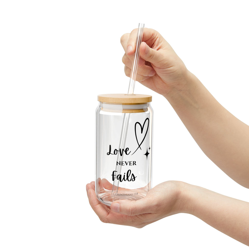 Love Never Fails Sipper Glass — 16oz Clear Tumbler with Bamboo Lid & Straw