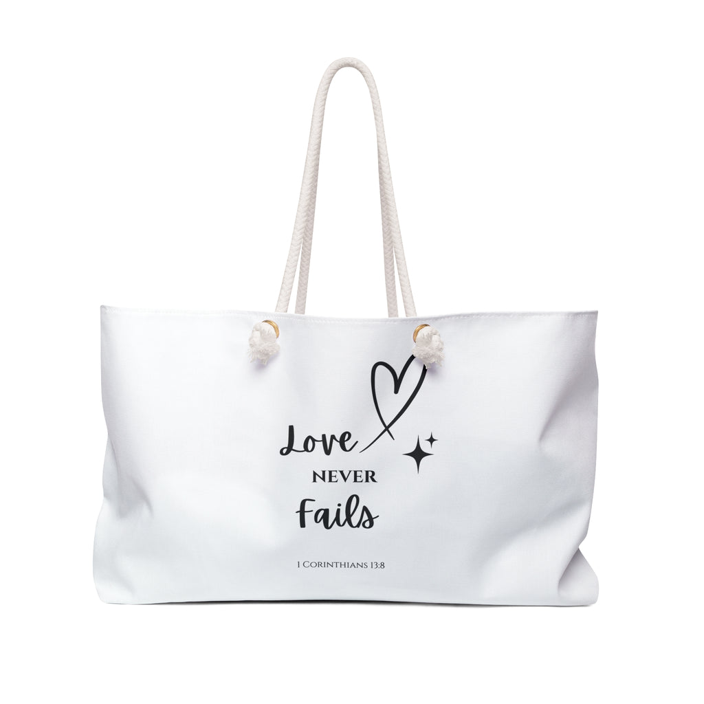 Faith Weekender Bag — "Love Never Fails" / "Jesus Loves Me" Christian Travel Tote