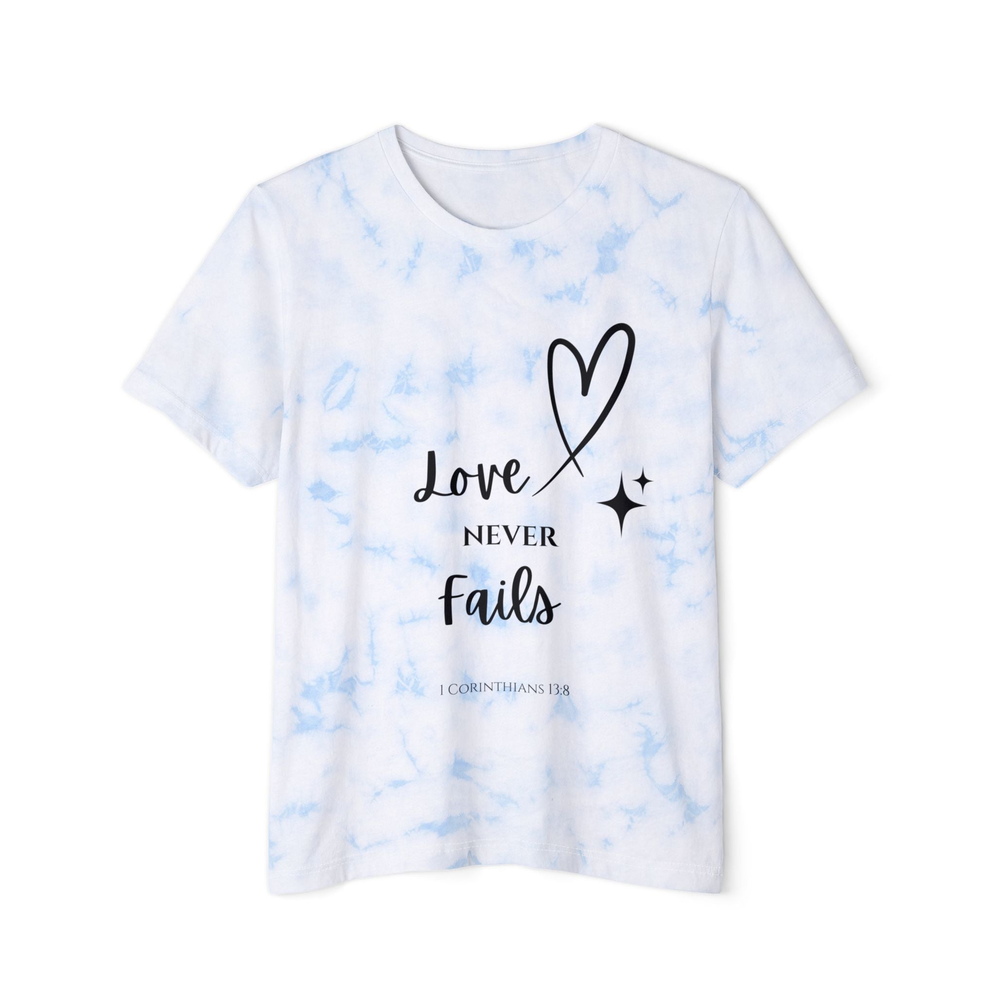 Love Never Fails Tie-Dye T-Shirt — 'Jesus Loves Me' Christian Graphic Tee
