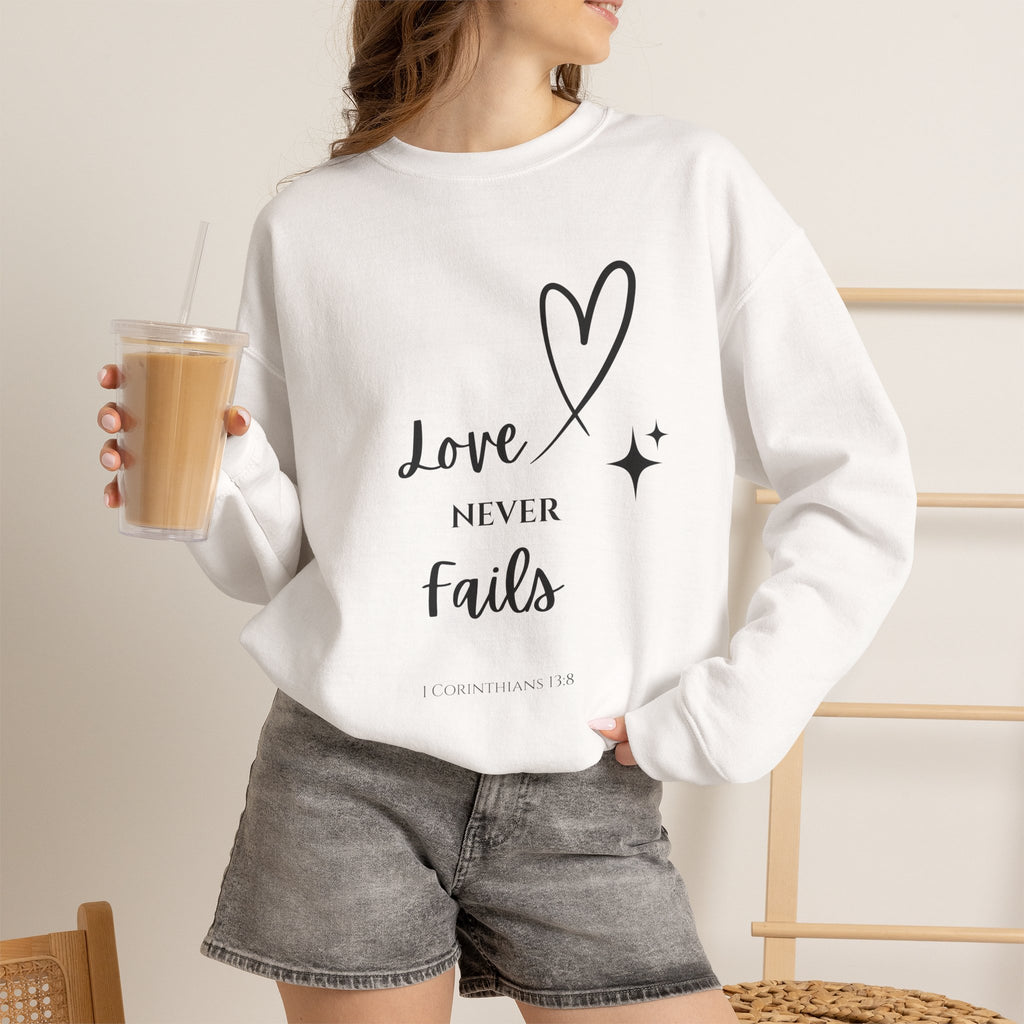 Crewneck Sweatshirt — "Love Never Fails" Christian Heart Pullover