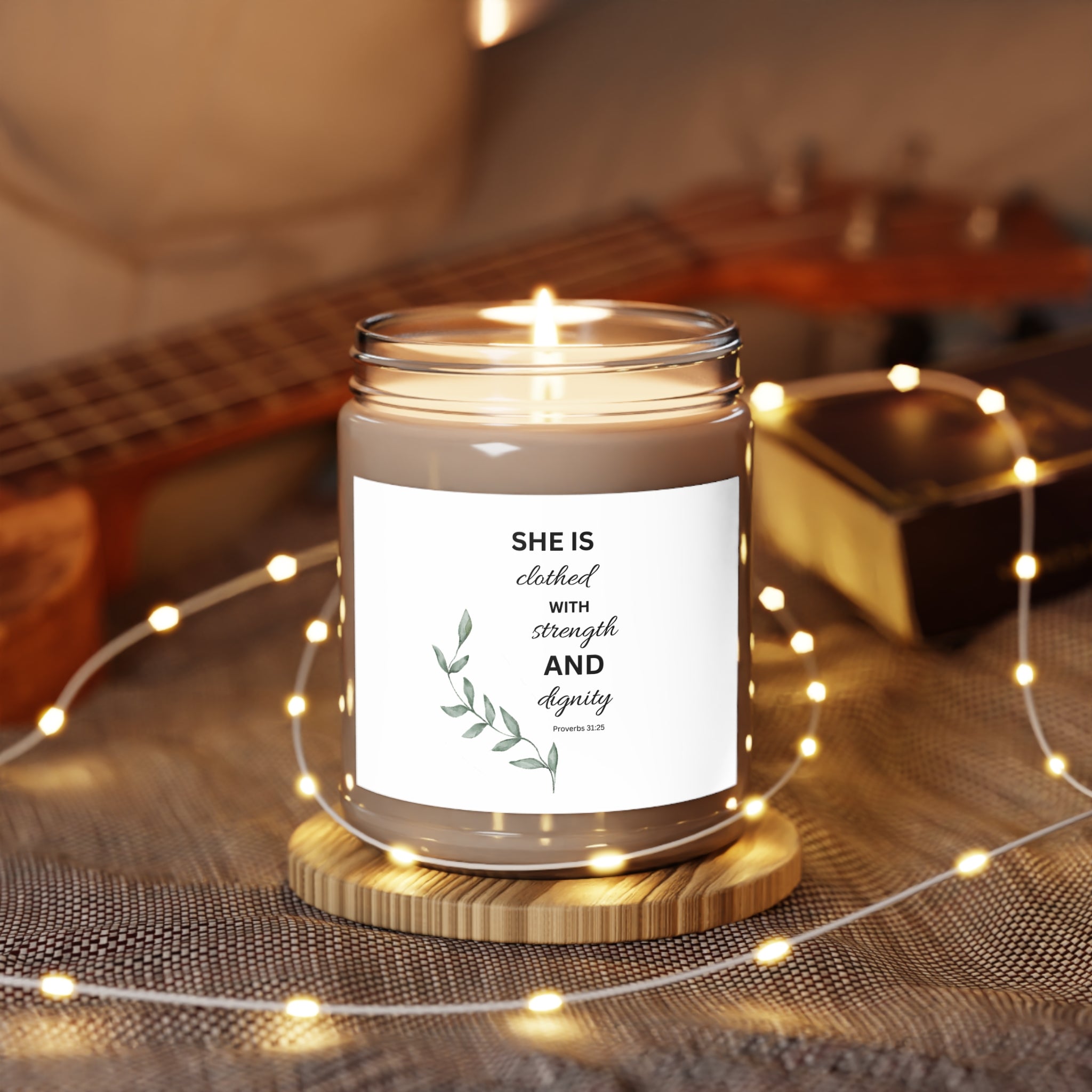 Inspirational Soy Candle 9oz — "She Is Clothed with Strength and Dignity"