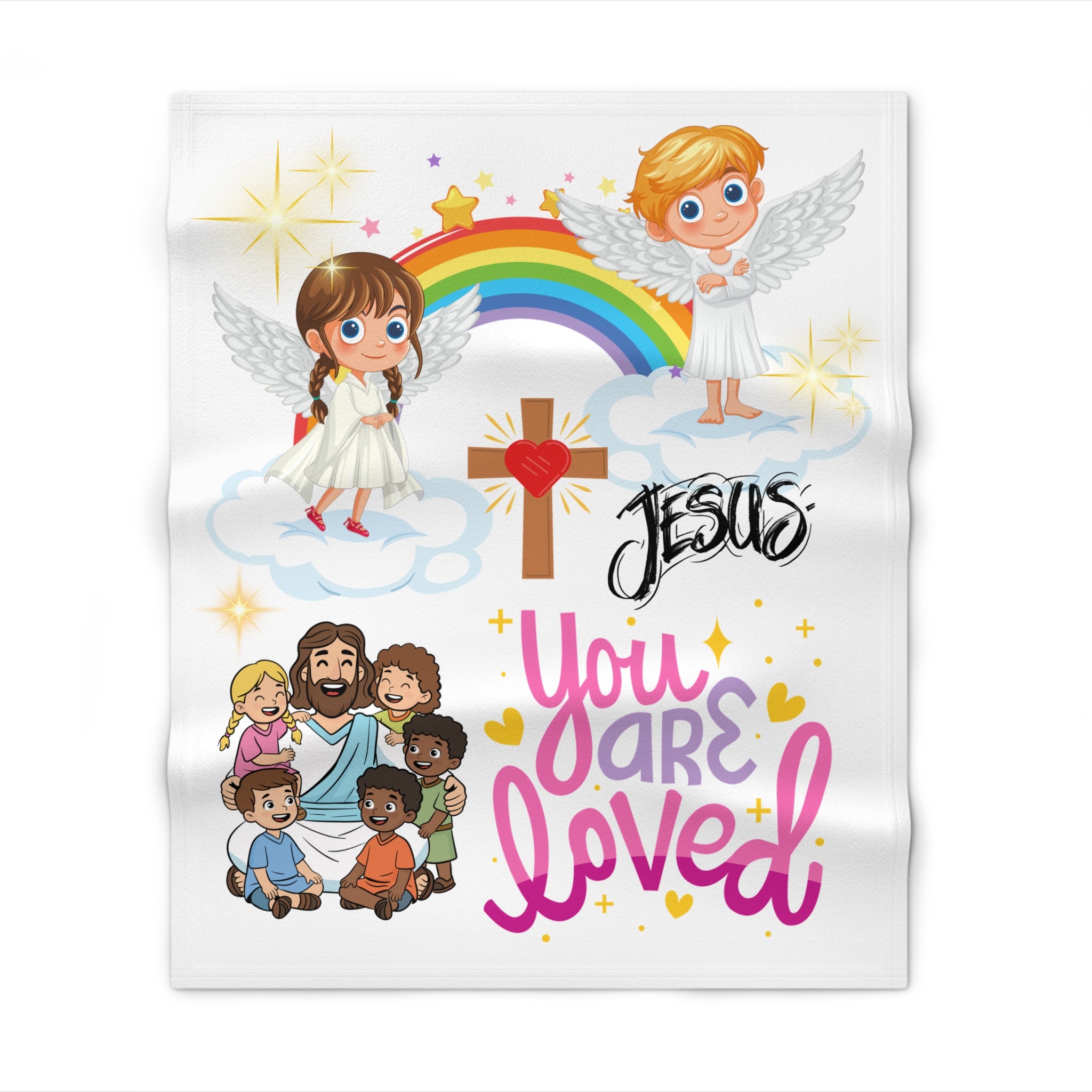 You Are Loved Christian Throw Blanket — Jesus Cross, Angels & Rainbow Kids Faith Gift