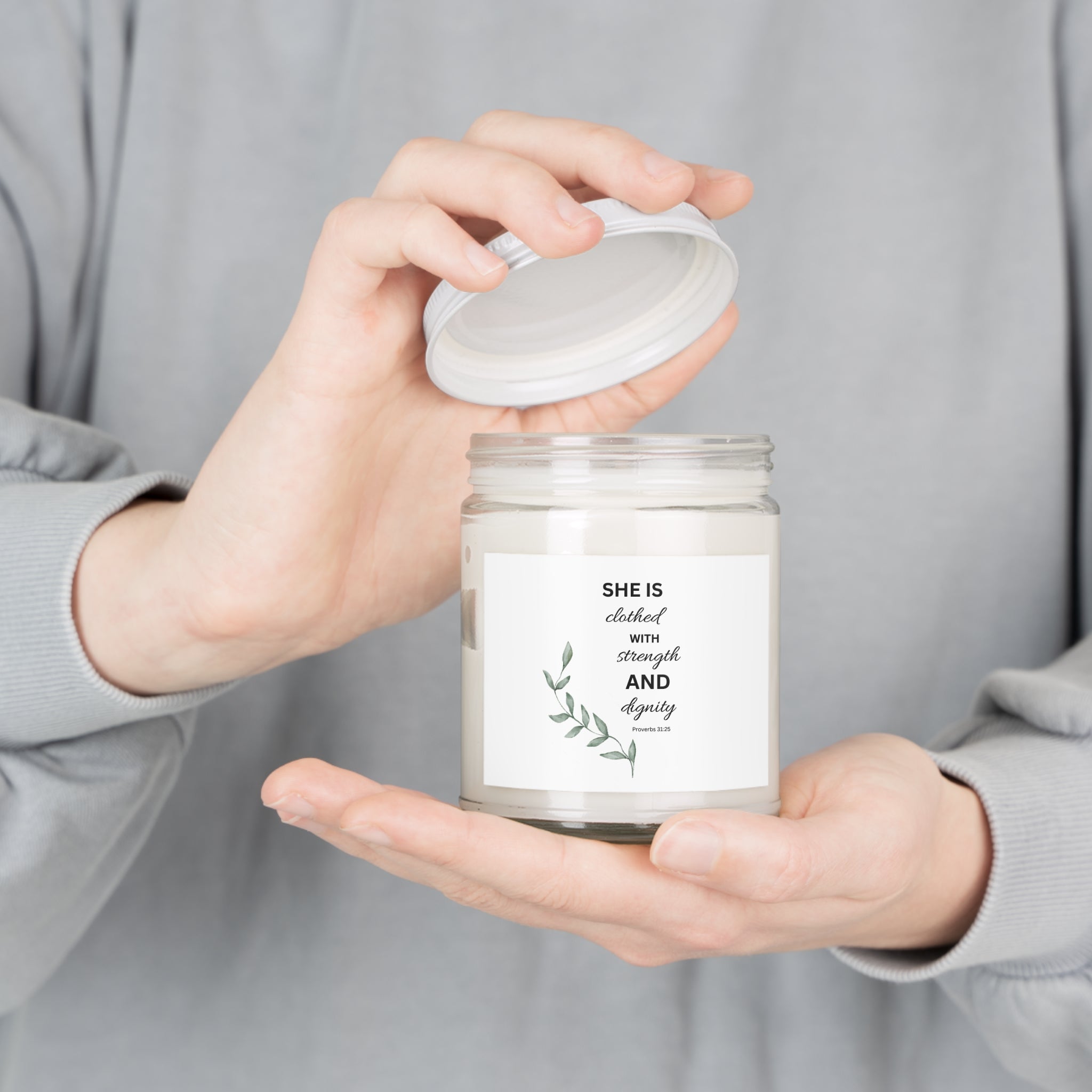 Inspirational Soy Candle 9oz — "She Is Clothed with Strength and Dignity"