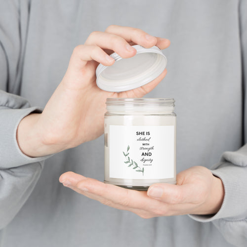 Inspirational Soy Candle 9oz — "She Is Clothed with Strength and Dignity"
