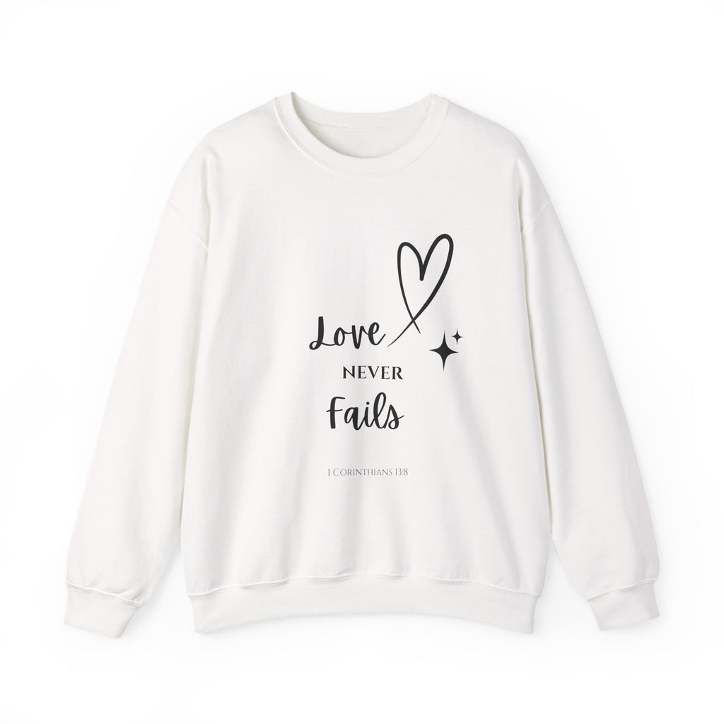 Crewneck Sweatshirt — "Love Never Fails" Christian Heart Pullover