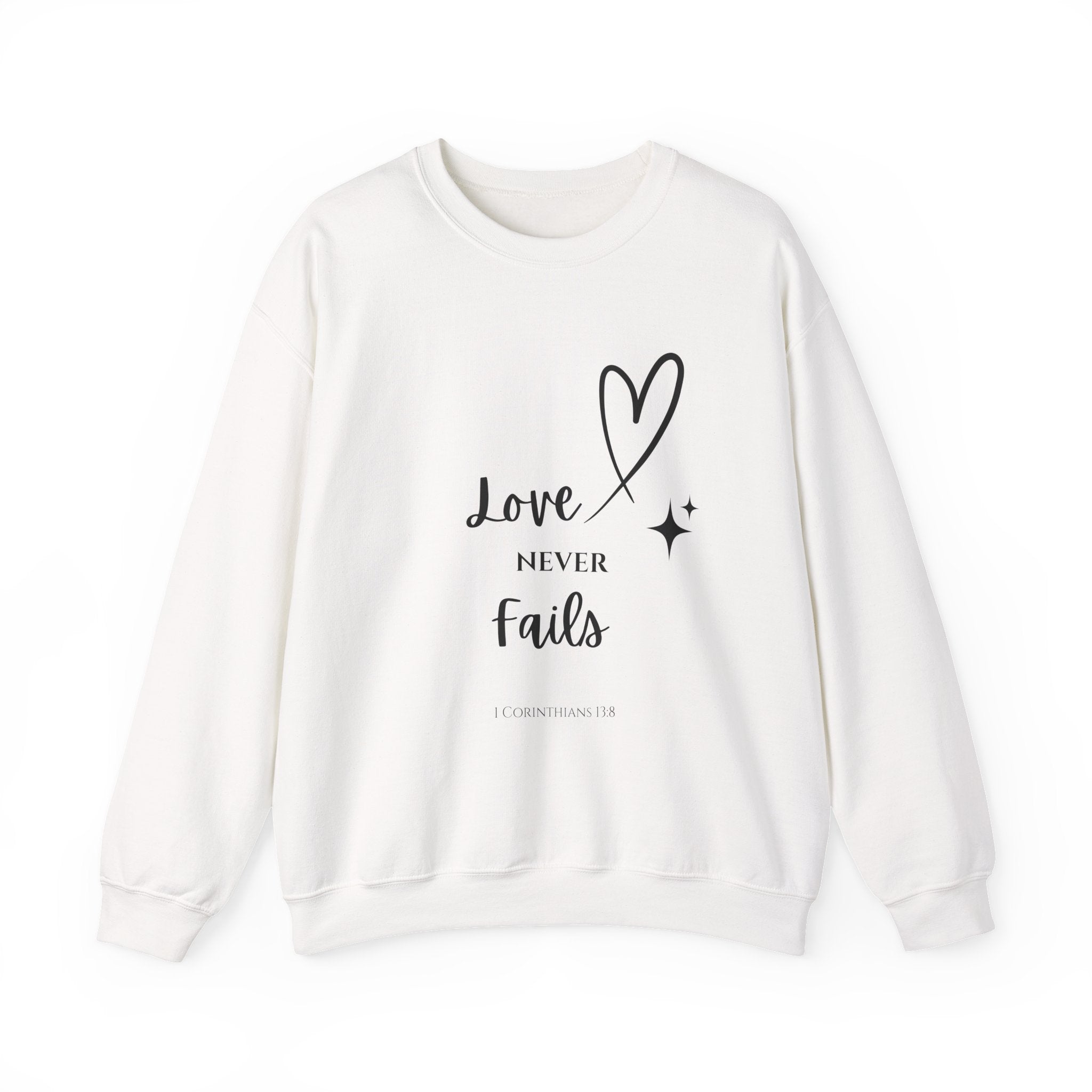 Crewneck Sweatshirt — "Love Never Fails" Christian Heart Pullover