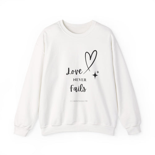 Crewneck Sweatshirt — "Love Never Fails" Christian Heart Pullover