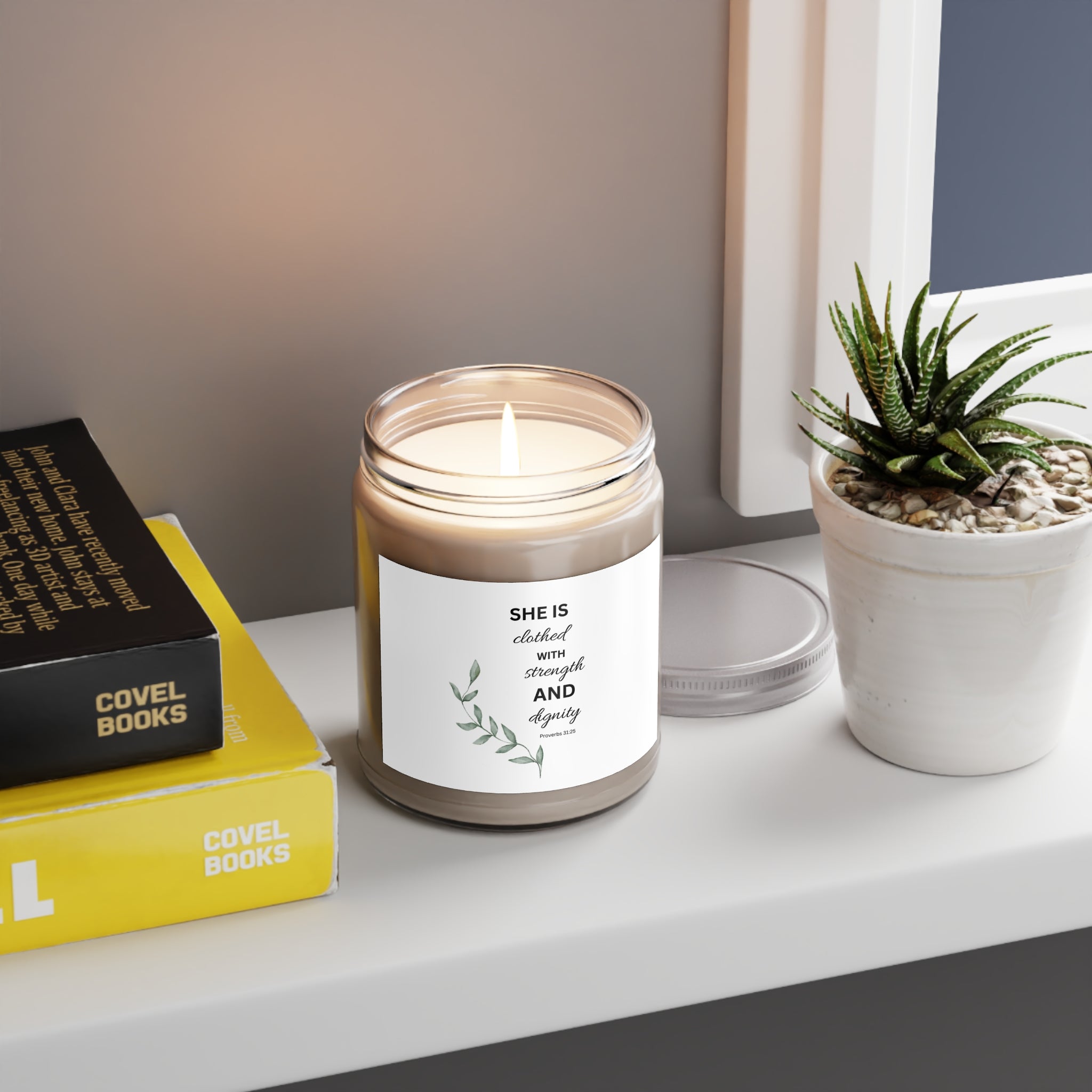 Inspirational Soy Candle 9oz — "She Is Clothed with Strength and Dignity"