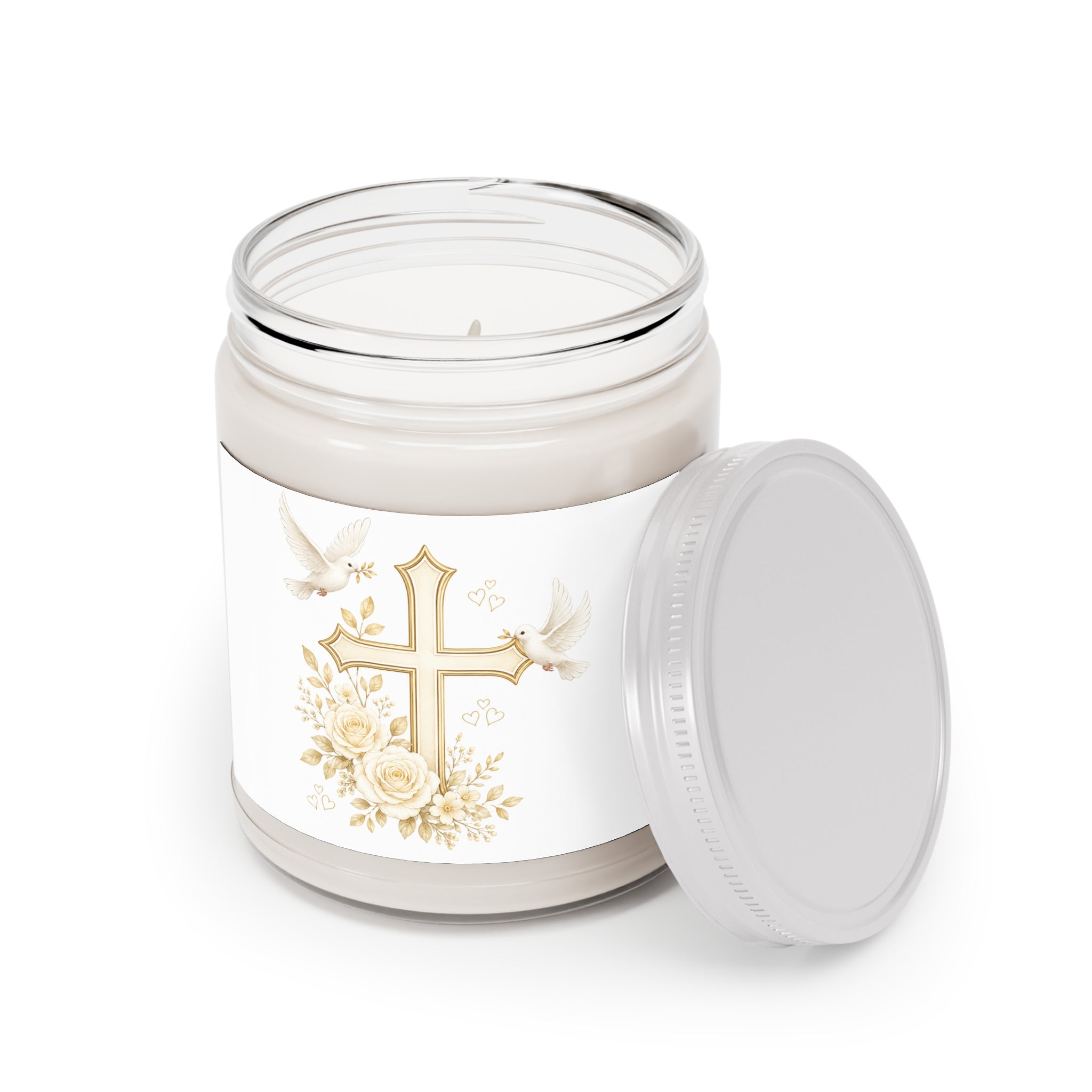 Blessed Cross Soy Candle — 9oz Scented Jar with Doves & Floral Design