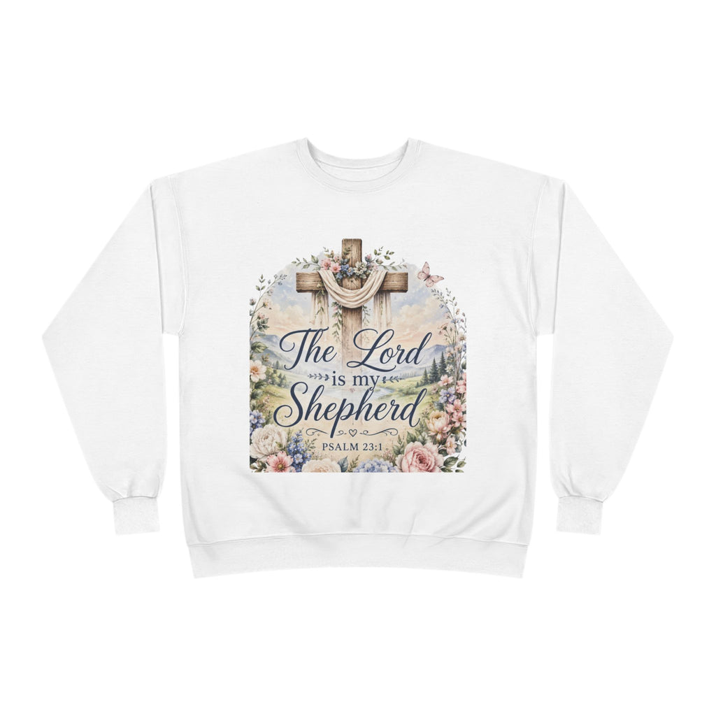 Christian Crewneck Sweatshirt — "The Lord is My Shepherd" Floral Cross Psalm 23:1