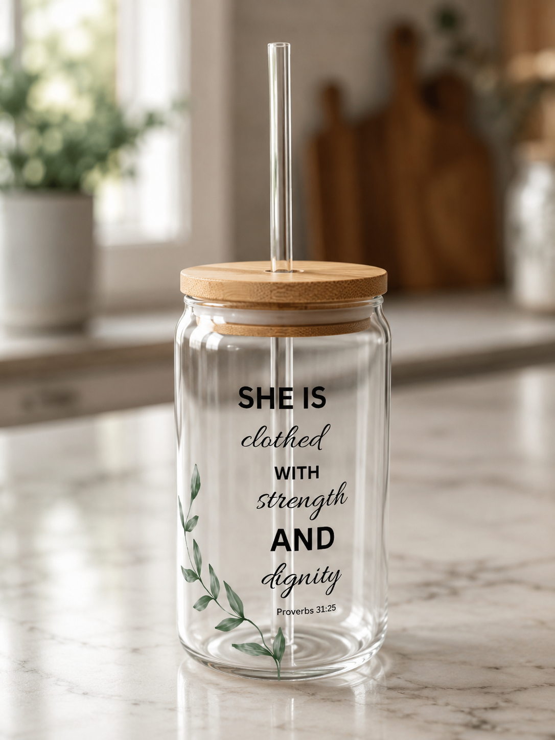 Inspirational Glass Tumbler with Straw – “She is Clothed with Strength and Dignity” (16oz)