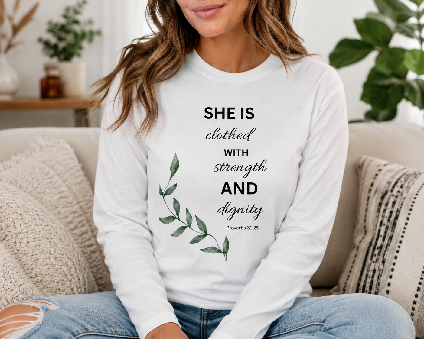 Long Sleeve Tee — "She Is Clothed with Strength and Dignity" Floral Scripture Shirt