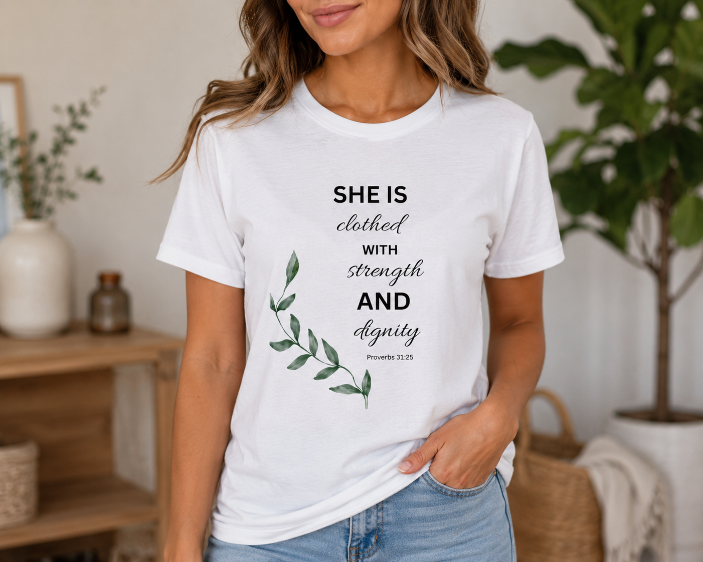 She Is Clothed with Strength and Dignity Shirt | Proverbs 31:25 Christian T-Shirt for Women